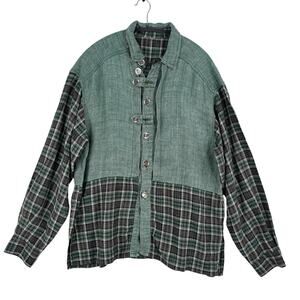 Lagenlook Button Down Shirt Womens 2XL Mens XL Green Unisex Hippie Hobbitcore
